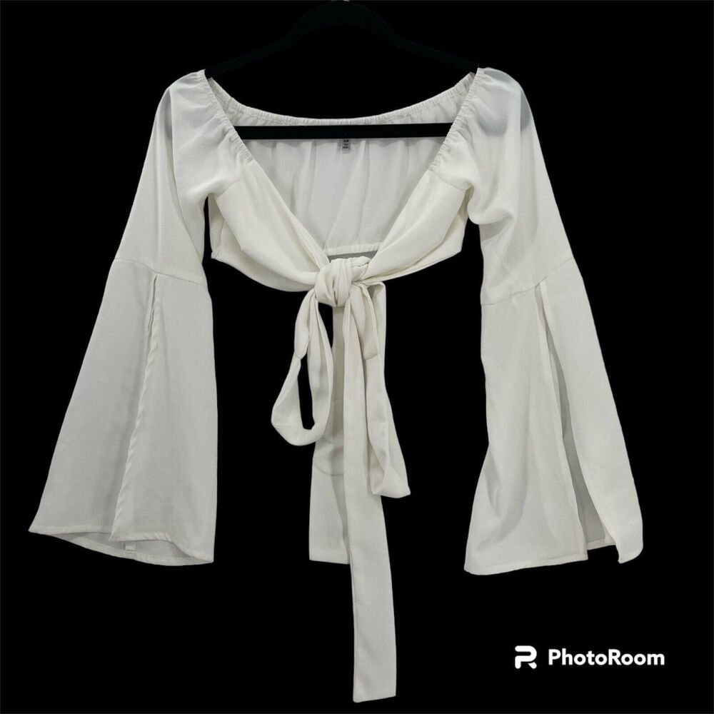 Tobi Crop Top Tie Front Small White Long Flare Sleeve Elastic Back Festival Boho - Picture 1 of 12
